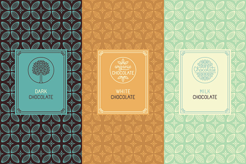 Vector set of design elements and seamless pattern for chocolate packaging - labels and background in tredny linear style - dark, white and milk chocolate