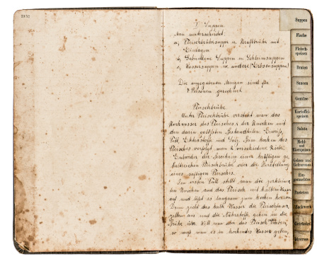 open antique recipe book with handwritten text, meat soup in german, ca 1900
