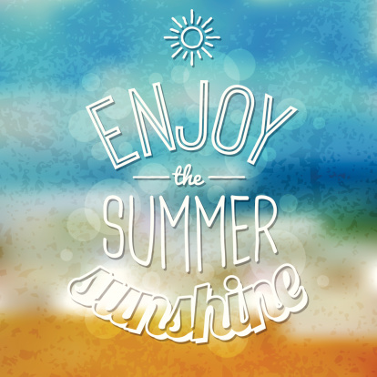 A trendy summer text design on a blurry beach background. Grunge texture is transparent and on its own layer so it's easy to turn off.
