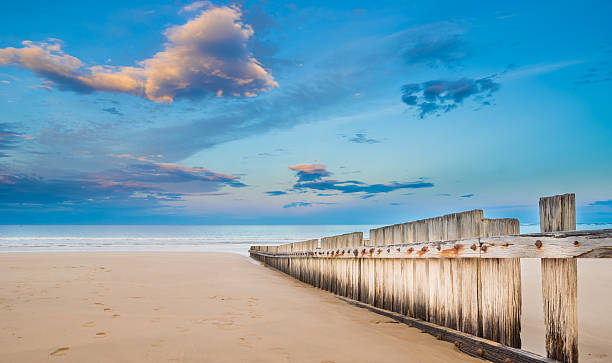 istock Wooden fence on empty beach at sunset 495354711