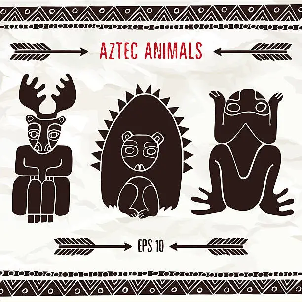 Vector illustration of Hand drawn aztec fantastic animals in brown colors