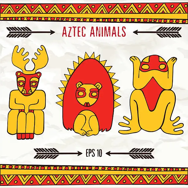 Vector illustration of Hand drawn aztec fantastic animals in red and yellow colors