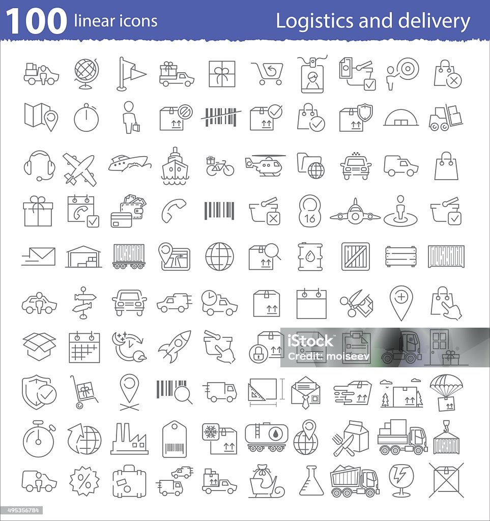 Hundert linear Symbole für Logistik und Transport deliv - Lizenzfrei Fracht Vektorgrafik