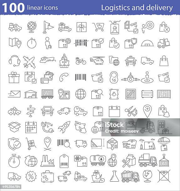 One Hundred Linear Icônes De Transport Logistique Et Deliv Vecteurs libres de droits et plus d'images vectorielles de Fret