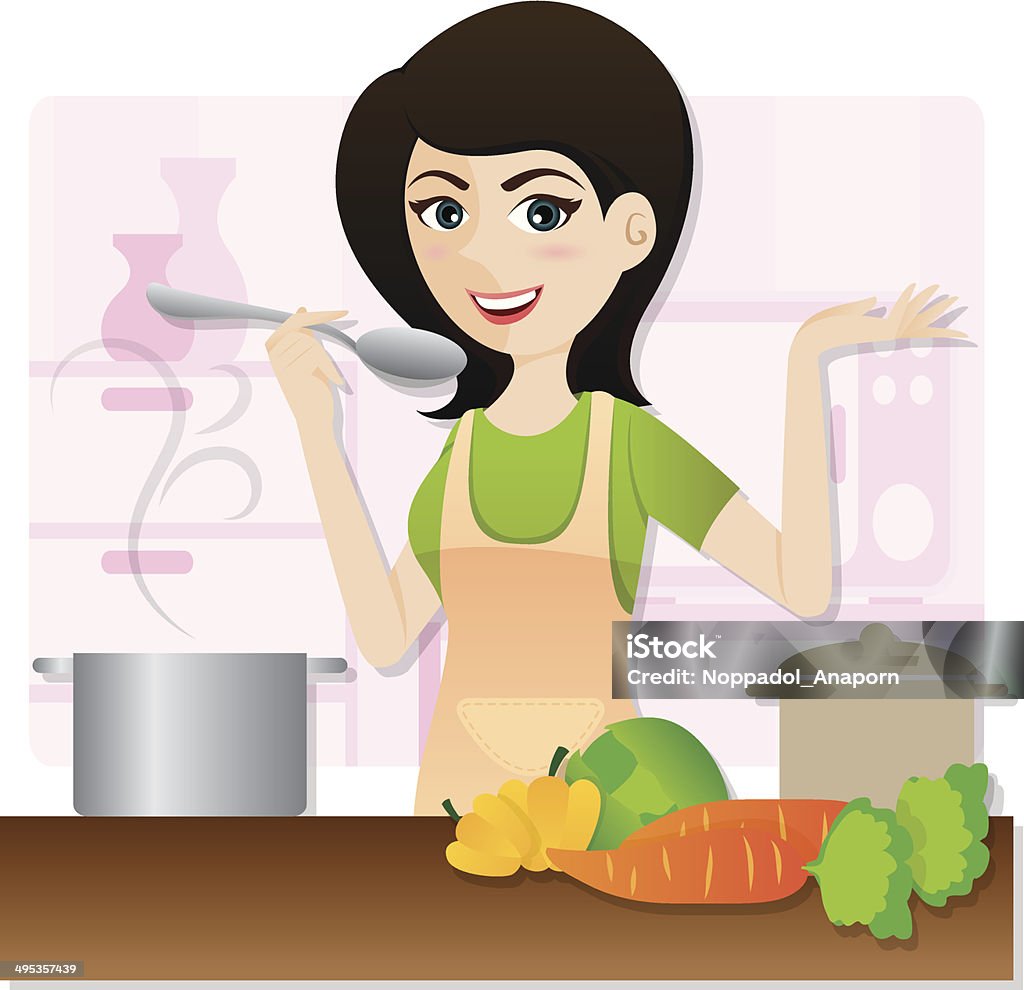 smart dessin animé fille dans cuisine cuisson de soupe végétariens - clipart vectoriel de Activité libre de droits
