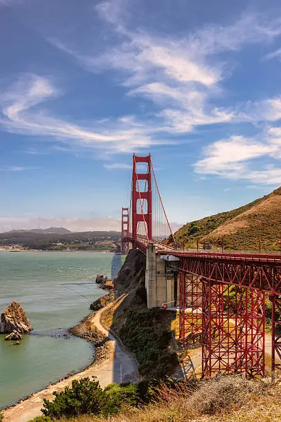 The Golden Gate Bridge in the summertime in San Francisco, California USA. Vertical
