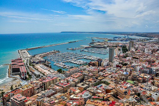 View of Alicante harbour from Santa Barbara castle on a beautiful day, Costa Blanca, Spain
