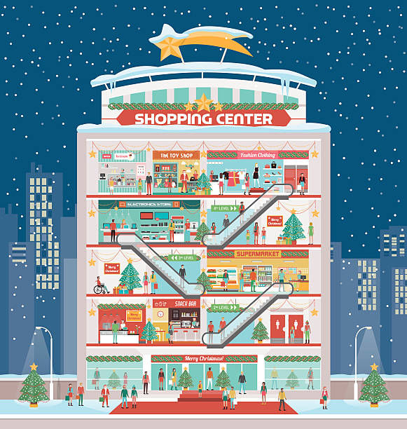 ilustrações de stock, clip art, desenhos animados e ícones de decorações de natal em shopping center - christmas shopping store retail