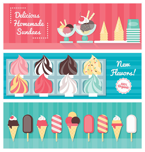 illustrations, cliparts, dessins animés et icônes de bannière ensemble de crème glacée - ice cream parlor ice cream dessert italian culture