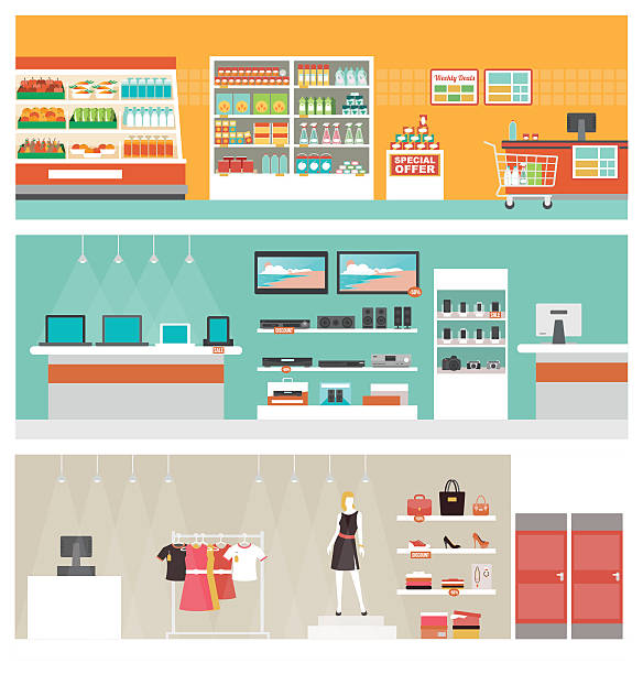 stockillustraties, clipart, cartoons en iconen met shops and stores banner set - binnenopname