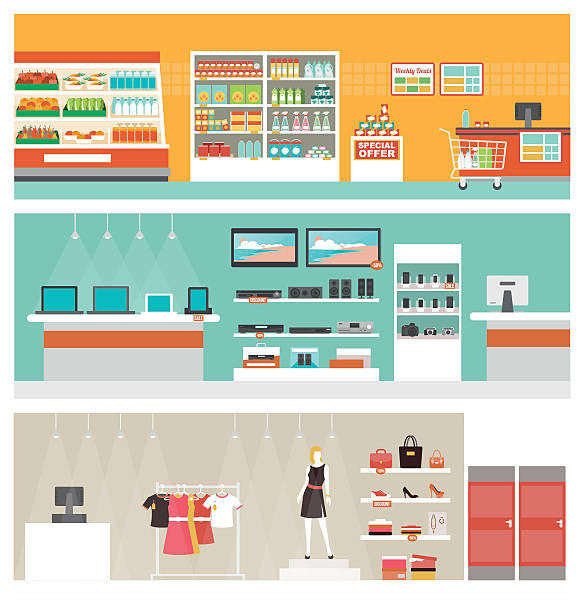 Shops and stores banner set Supermarket, electronics store and clothing shop banner set, retail and commerce concept interior stock illustrations