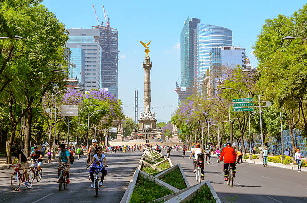 rowerzystów rowerowa w niedzielę rano w mexico city - paseo de la reforma zdjęcia i obrazy z banku zdjęć