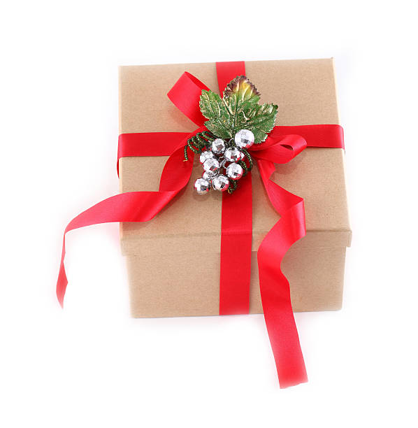 istock Brown paper gift box with red ribbon bow, on white 495384267