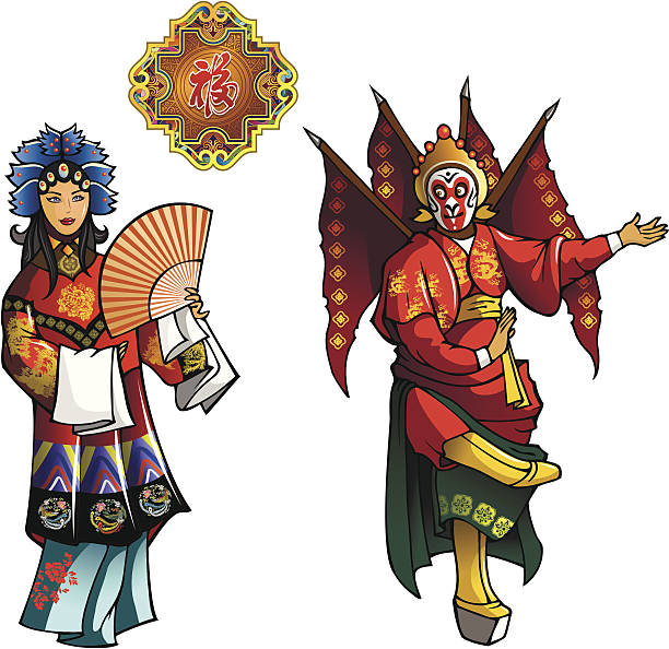 Personages of Beijing Opera Personages of Beijing Opera, Wu Sheng (Sun Wukong or Monkey King) and Qing Yi (Zheng Dan) with the symbol of happiness, vector illustration chinese opera makeup stock illustrations