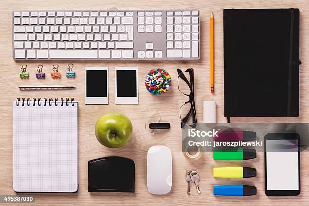 Top Of Desk With Office Equipment Arranged If Perfect Order Stock Photo - Download Image Now