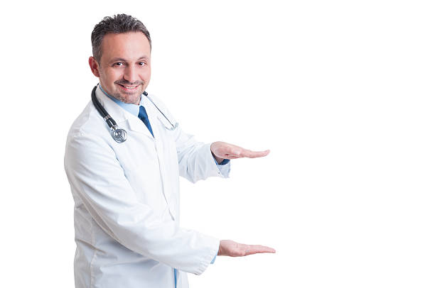 istock Doctor or medic presenting blank white advetising area 495388144