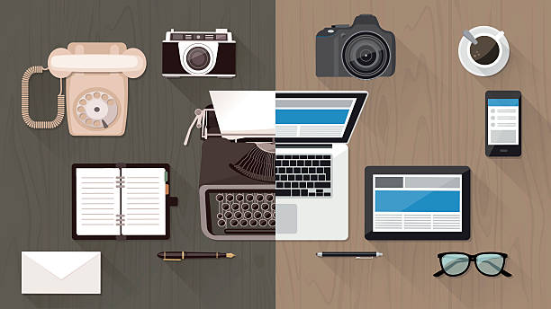 stockillustraties, clipart, cartoons en iconen met desktop and devices evolution - het-verleden