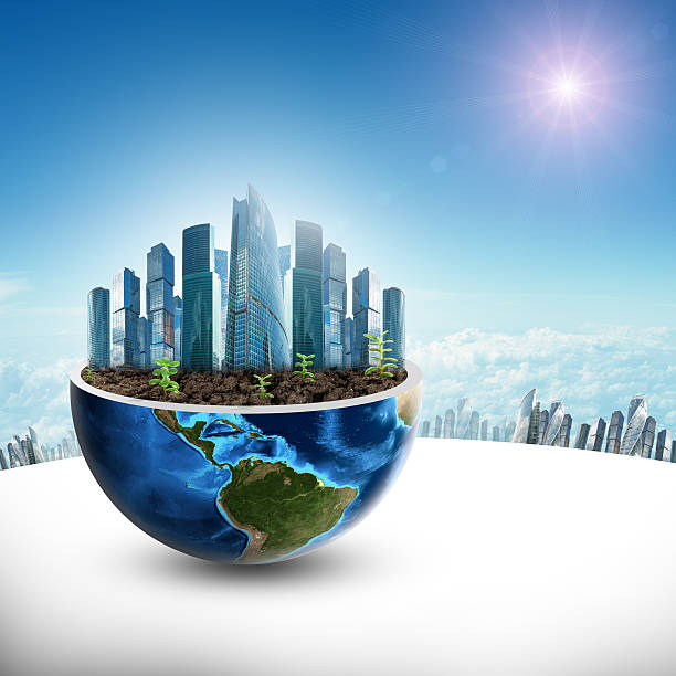istock City in half planet with sun 495389710
