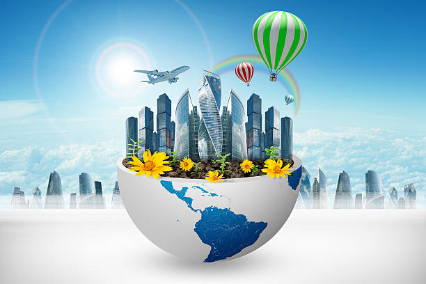 istock City in half planet with flowers and jet 495389930