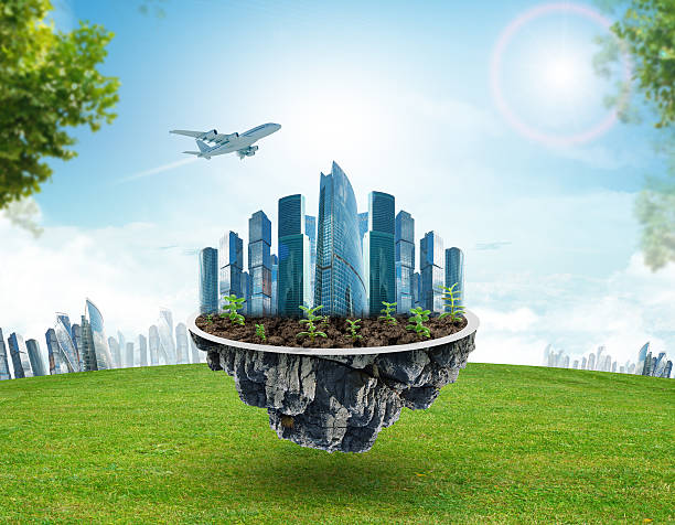 istock Modern city on island with green grass 495389970