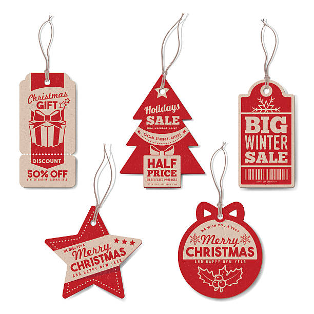 Vintage Christmas tags set Vintage Christmas and winter tags set with string, textured realistic paper, retail, sale and discount concept vintage ornaments stock illustrations