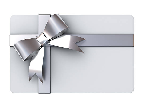 Gift card with silver ribbons and bow Blank gift card with silver ribbons and bow isolated on white background. gift tag note photos stock pictures, royalty-free photos & images