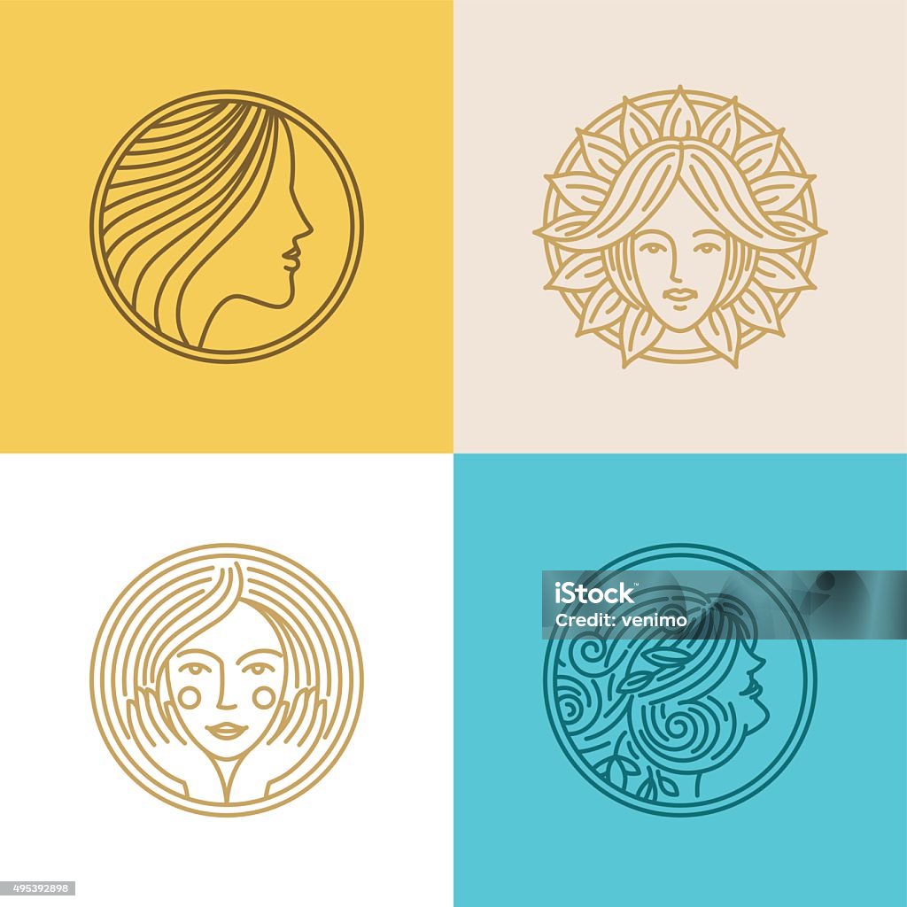 Vector set of logo design templates and abstract concepts Vector set of logo design templates and abstract concepts - woman faces and portraits on circle badges in trendy linear style - beauty symbols for hair salon or organic cosmetics Women stock vector