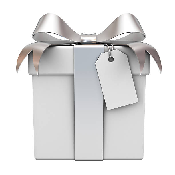 istock Gift box with silver ribbon bow and blank tag 495394050