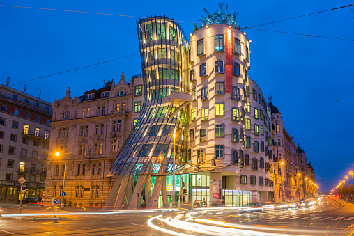 Prague, Czech Republic - November 14, 2014: The Dancing House (Czech: Tančící dům) or Fred and Ginger is the nickname given to the Nationale-Nederlanden building in Prague, Czech Republic designed Frank Gehry