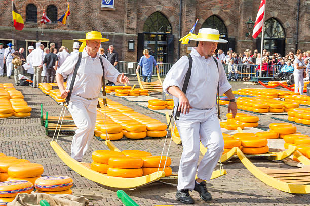 The famous Alkmaar Cheese Market in Netherlands Alkmaar, The Netherlands - September 7 2012: Carriers walking with cheese at a famous Dutch cheese market. cheese dutch culture cheese making people stock pictures, royalty-free photos & images
