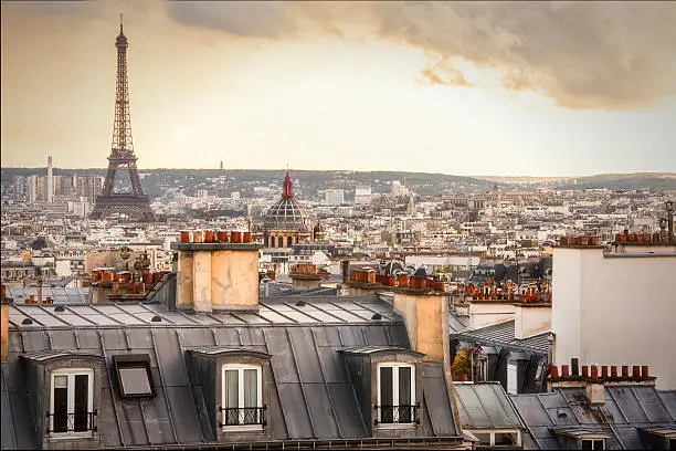 Paris scenery with typical roofs,, Eiffel and other landmarks