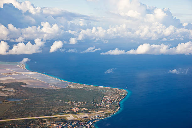 Flying over Bonaire stock photo