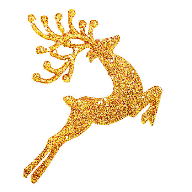 Beautiful golden reindeer toy isolated on white background, little Santa helper decoration, Christmas tree bauble