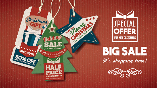 Chiristmas big sale shopping banner with tags on red paper background