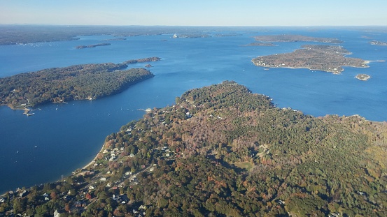 Aerial Landscape of Mackworth Island, Portland, Maine. Photographed from airplane landing in Portland, Maine in fall.