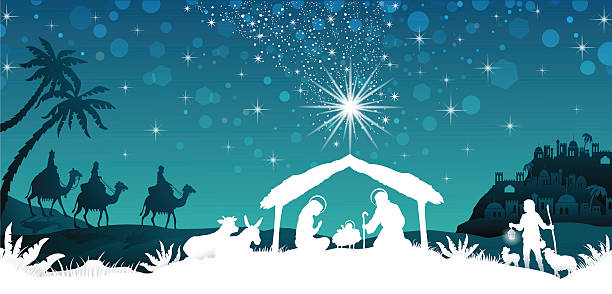 White Silhouette Nativity Scene Nativity Scene with the Holy Family and the Magi of Oriental Landscape-transparency blending effects and gradient mesh-EPS10 bethlehem star stock illustrations