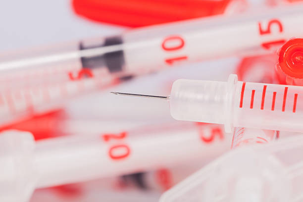 Still Life Close Up of Pile of Empty Syringe Needles with Red Safety Caps in Studio with White Background