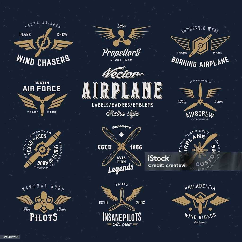 Vintage Vector Airplane Labels Set with Retro Typography. Shabby Texture Vintage Vector Airplane Labels Set with Retro Typography. Shabby Texture on Blue Background. Air Vehicle stock vector