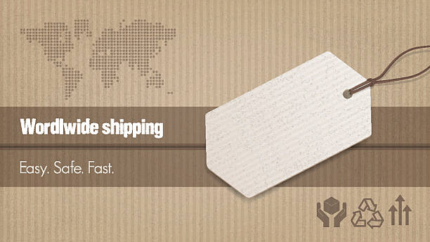 Worldwide shipping banner Worldwide shipping and sales banner with tag, carton box background and world map kraft paper stock illustrations