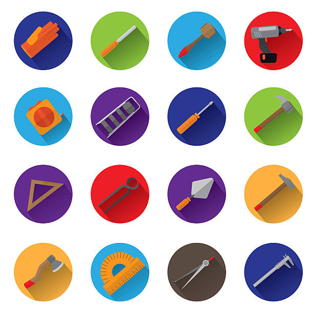 Icons Instruments. Icons Instruments. Flat icons with drop shadow. Sixteen different instruments. Multicolored circles. white background level hand tool white stock illustrations