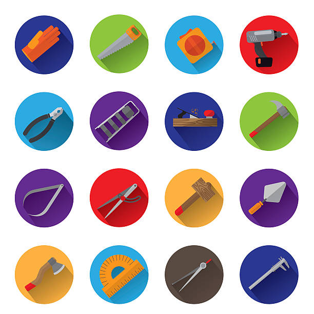 Icons Instruments. Icons Instruments. Flat icons with drop shadow. Sixteen different instruments. Multicolored circles. white background level hand tool white stock illustrations