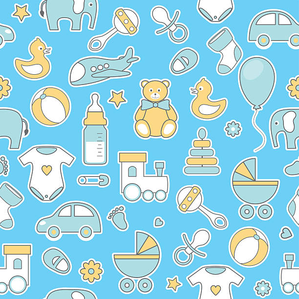 vector seamless pattern with line icons на плоской подошве baby - child waiting in line in a row party stock illustrations