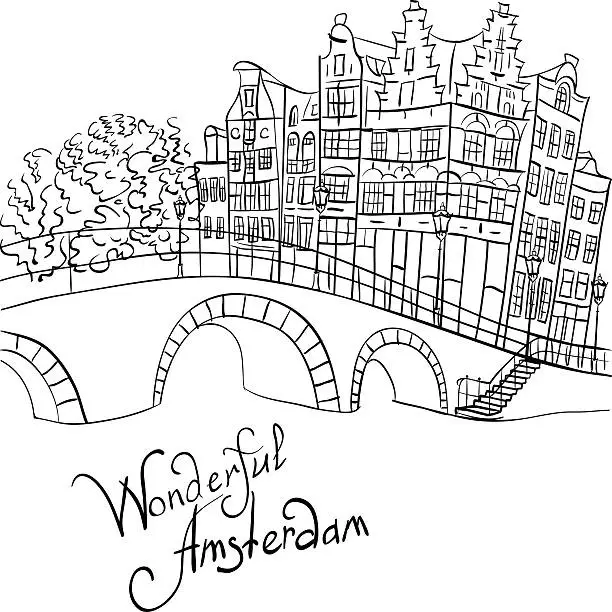 Vector illustration of Vector city view of Amsterdam canal and bridge