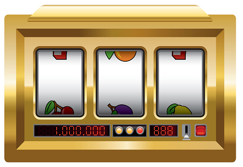 Golden slot machine with three blank reels to insert your company logo or any text or picture in. Illustration over white background.
