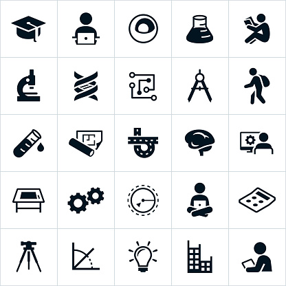 Icons related to the Science, Technology, Engineering and Mathematics fields of study, also known as STEM. The icons include several themes related to these different areas of study and include a student, computers, graduation cap, science beaker, microscope, drawing compass, road, brain, light bulb and other related items.