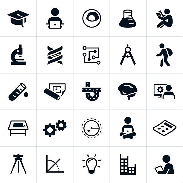 STEM Education Icons Icons related to the Science, Technology, Engineering and Mathematics fields of study, also known as STEM. The icons include several themes related to these different areas of study and include a student, computers, graduation cap, science beaker, microscope, drawing compass, road, brain, light bulb and other related items. plant stem stock illustrations