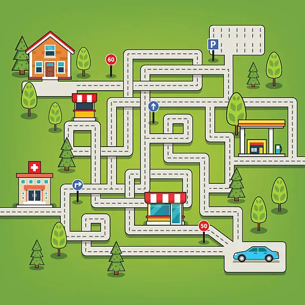 Vector illustration of Maze game with roads, car, home, tree, gas station