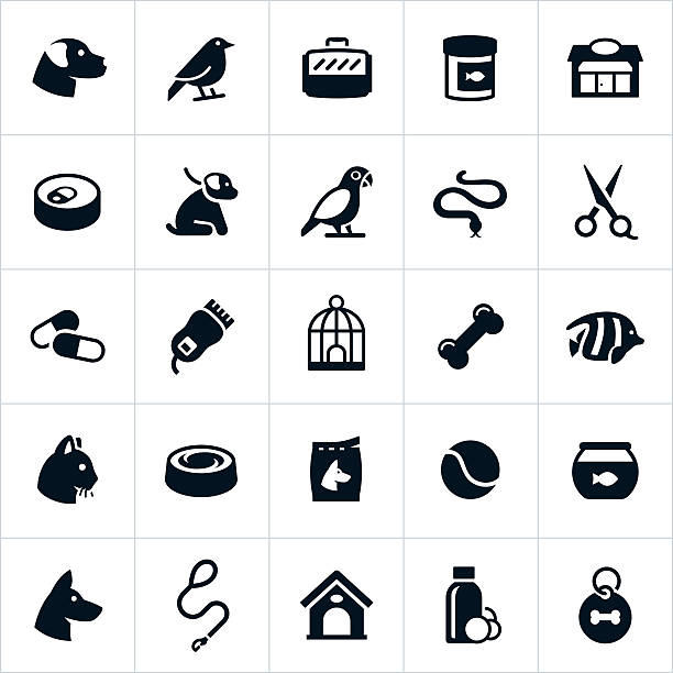 Pet Store Icons Icons associated with a pet store or shop. The icons include various animals like dogs, cats, birds, snakes and fish and also include icons symbolizing different pet supplies and services. black german shepherd dog or alsatian wolf dog stock illustrations