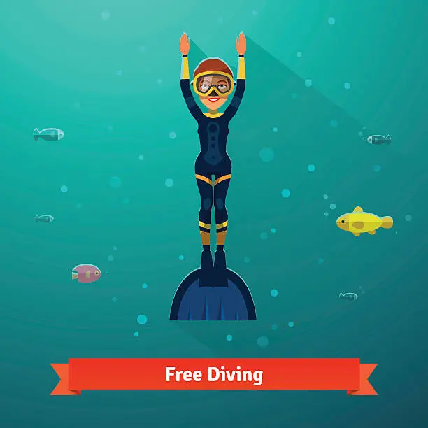 Vector illustration of Surfacing free diver woman in wetsuit