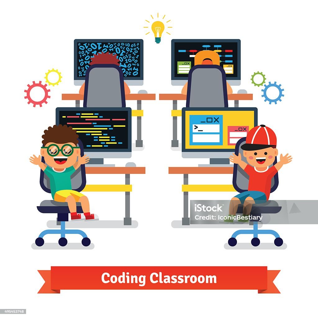 Kids Learning To Code And Program In Science Class Stock Illustration ...